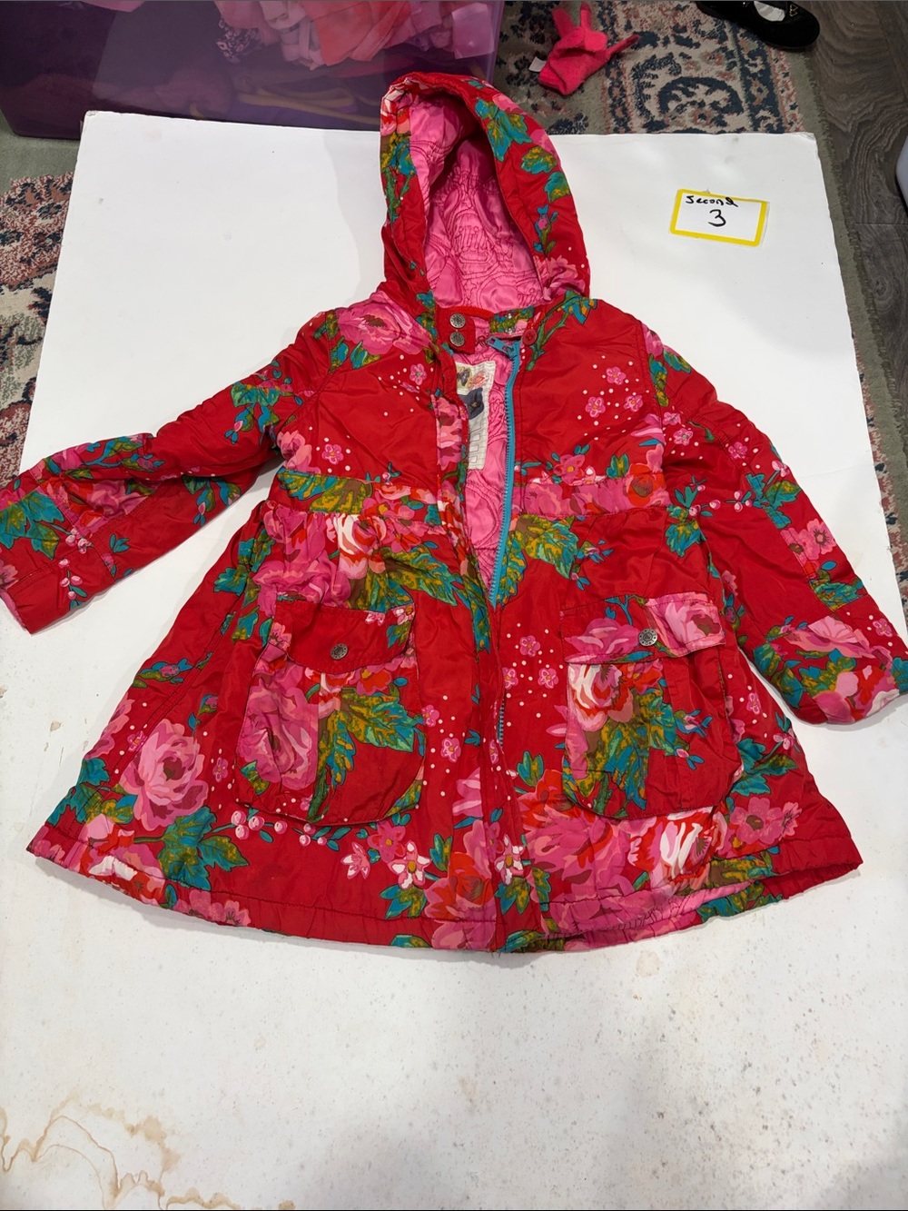 Oilily Red Floral Hooded Puffer Coat with Pink & Green Accents